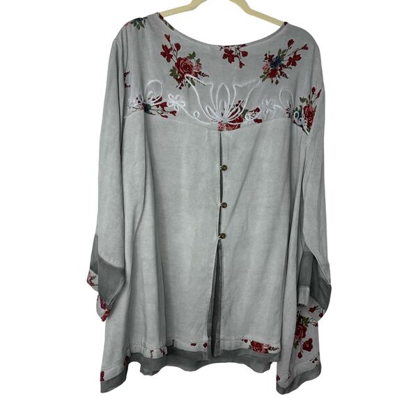 Ali Miles Gray Floral Embroidered Tunic Top Women’s 3X Romantic Roses - Picture 2 of 7